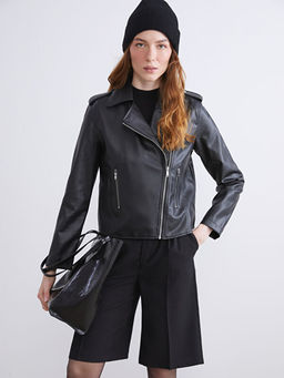 Biker Yaka Kad?n Deri G?r?n?ml? Ceket