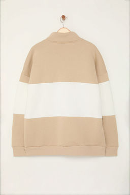 TRENDYOL MAN Lacivert Oversize/Genis Kesim Dik Yaka Renk Bloklu Ici Polar Buyuk Beden Sweatshirt TMNAW25AO00033 - Trendyolmilla фото 9