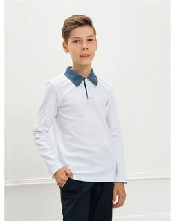 Футболка Поло д/м длинный рукав, цвет белый-серый, 100% х/б