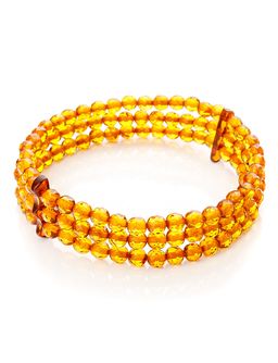 Трёхрядный браслет из натурального янтаря золотистого оттенка Карамель алмазная
