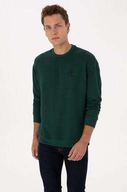 Erkek Oversize Fit Bisiklet Yaka Koyu Ye_il Sweatshirt