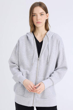 Oversize Genis Kal?p Kapusonlu Cepli Basic Duz Fermuarl? Sweatshirt - Defacto фото 10