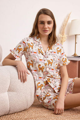 Cok Renkli %100 Pamuklu Kedi Desenli F?rf?rl? Orme Pijama Tak?m? THMSS26PT00171