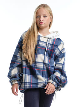 Худи оверсайз в клетку подростковое с капюшоном на меху 22-8046 синяя клетка