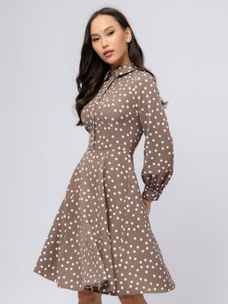 Платье кофейного цвета в горошек длины мини с декоративными пуговицами - 1001dress фото 2
