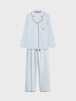 G?mlek Yaka ?izgili Kad?n Pijama Tak?m?