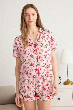 Pudra-Cok Renkli Cicekli Biyeli Viskon Sortlu Dokuma Pijama Tak?m? THMSS25PT00043