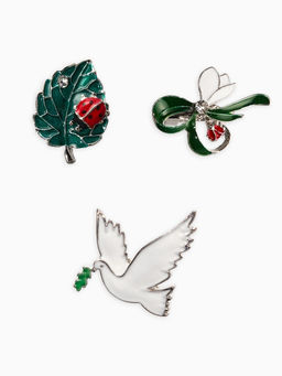 Броши "Голубь, листик, подснежник" (набор 3шт), цветной в серебре