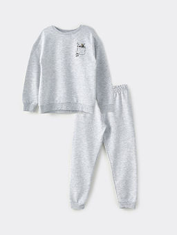 Bisiklet Yaka Bask?l? Uzun Kollu K?z ?ocuk Pijama Tak?m?