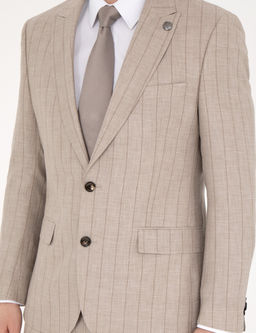 Bej Slim Fit Y_n Keten Kar___ml_ _izgili Tak_m Elbise