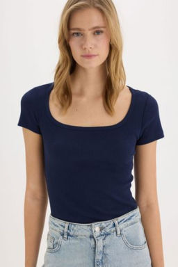 Slim Fit Dar Kesim Yuvarlak Yaka Basic Duz Fitilli Kaskorse K?sa Kollu C?tc?tl? Tisort