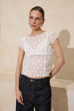 Bordo Fitted/Vucuda Oturan Kay?k Yaka K?sa Kollu Dantel Orme Bluz TWOSS26BZ00185 - Trendyolmilla фото 7