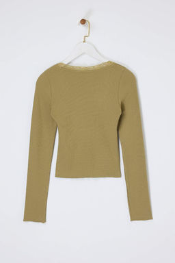 Haki Fitted/Vucuda Oturan Havuz Yaka Dantel Detayl? Fitilli Esnek Orme Bluz TWOSS26BZ00070