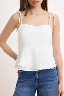 Beyaz Ask?lar? Baglama Detayl? S?rt? Gipeli Dokuma Bluz TWOSS26BZ00413