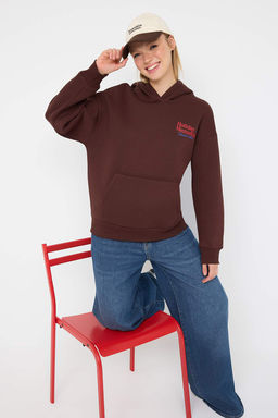 Teen Kahverengi S?rt Bask?l? Oversize Kal?p Kapusonlu Ici Polarl? Orme Sweatshirt TWOAW26SW00126