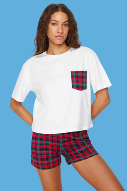 Trendyolmilla Beyaz Cok Renkli %100 Pamuklu Ekoseli Sortlu Orme Pijama Tak?m? THMSS24PT00037