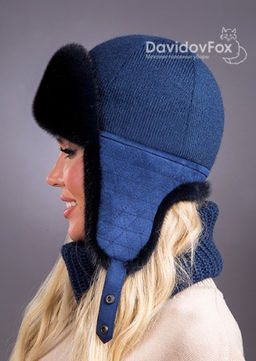 Ушанка норка трикотаж синий браун - Davidovfox фото 3