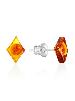 Серьги-пусеты с натуральным коньячным янтарем Ромбики
