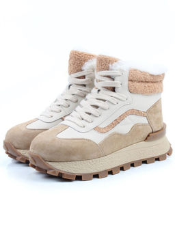 04-WG042-2M BEIGE/WHITE Кроссовки зимние женские (натуральная кожа, натуральная замша, 100% шерсть)