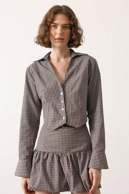 Kahverengi-Cok Renkli Mini Ekoseli Fitted Crop Gomlek TWOSS26GO00150 - Trendyolmilla фото 3