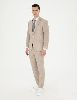 Bej Ekstra Slim Fit _izgili Y_n Tak_m Elbise