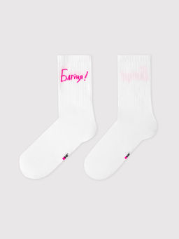 Цена за 5 пар! Носки женские белые с рисунком в виде надписи "БАГIНЯ" белый 217K-2216