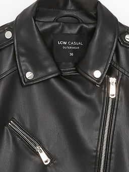 Kad?n Biker Yaka D?z Deri G?r?n?ml? Mont