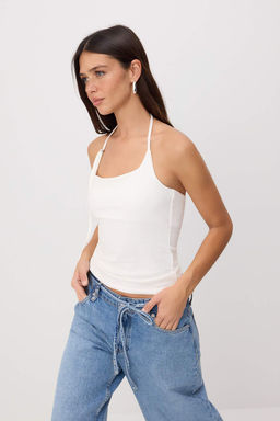 Ekru Duz Fitted Halter Yaka Ince Ask?l? Kolsuz Pamuklu Esnek Orme Atlet TWOSS26AL00067 - Trendyolmilla фото 2