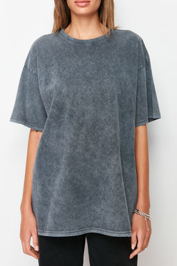 TRENDYOLMILLA Antrasit %100 Pamuk Soluk Efektli S?rt Bask?l? Boyfriend Bisiklet Yaka Orme T-Shirt TWOSS23TS00109  фото 24