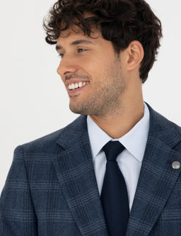 %100 Y_n Ekose Lacivert Ekstra Slim Fit Tak_m Elbise