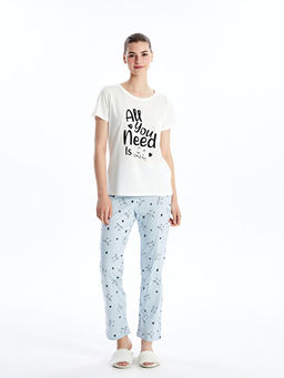 Bisiklet Yaka Bask?l? K?sa Kollu Kad?n Pijama Tak?m?