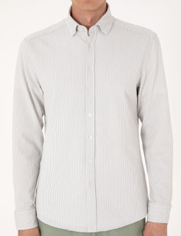 Gri Slim Fit _izgili Uzun Kollu G_mlek