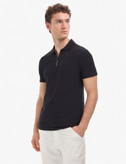 Siyah Slim Fit %100 Pamuk K_vr_lmaz Fermuarl_ Polo Yaka Basic Ti__rt