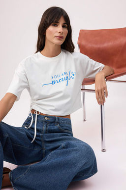 Ac?k Sar? Slogan Boxy Dusuk Kol K?sa Kollu %100 Pamuk Orme T-Shirt TWOSS26TS00189 - Trendyolmilla фото 5
