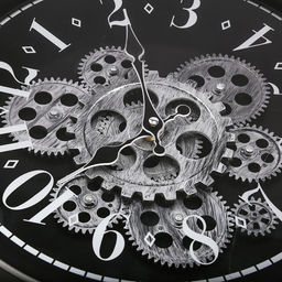 Часы настенные Механика д32см, h6,6см, циферблат Шестеренки вращающиеся, черный/потертое серебро; цифры арабские поверх стекла, серебристый; корпус пластик, черный; в лотке (Китай) - Домашняя мода фото 3