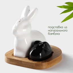 Набор фарфоровый для специй на бамбуковой подставке BellaTenero Зайцы, 3 предмета: солонка 50 мл, перечница 20 мл, подставка, цвет белый и чёрный  фото 2