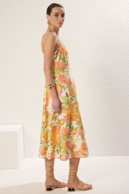 TRENDYOLMILLA Cok Renkli Cicekli Etegi Belden Ac?lan Midi Dokuma Elbise TWOSS25EL00206  фото 4