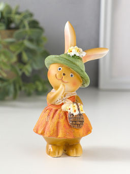 Цена за 2 шт. Фигурка полистоун «Зайка в рыжем сарафане и зелёной шляпке, с корзиной цветов», 4.5×4×10.5 см