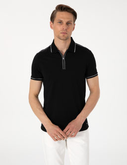 Siyah Slim Fit %100 Pamuk Polo Yaka Merserize Ti__rt