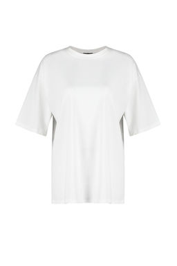 Ekru %100 Kal?n Pamuklu Premium Oversize/Genis Kal?p Bisiklet Yaka Orme T-Shirt TWOSS23TS00040