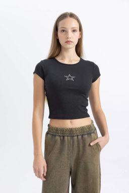 Coool Fitted Islemeli Fitilli Kaskorse K?sa Kollu Tisort - Defacto фото 2