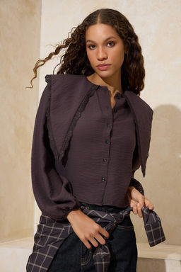 Koyu Kahverengi Bebe Yaka Dantel Garnili Yumusak Tuseli Gomlek TWOSS26GO00012 - Trendyolmilla фото 2