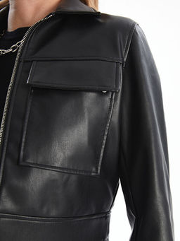 G?mlek Yaka Kad?n Deri G?r?n?ml? Ceket