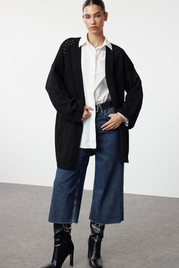 Siyah Genis Kal?p Midi Ajurlu/Delikli Triko H?rka TWOAW24HI00331