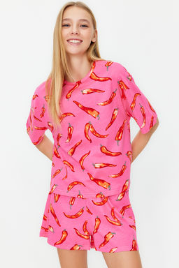 Pembe %100 Pamuklu Eglence Desenli Sortlu Orme Pijama Tak?m? THMSS24PT00002