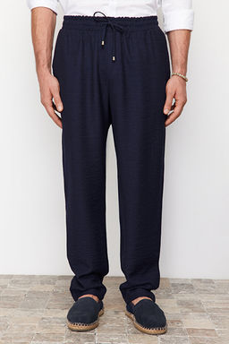 Lacivert Tapered Lastikli Beli Ba_lamal_ Keten G_r_n_ml_ Pantolon TMNSS20PL0547
