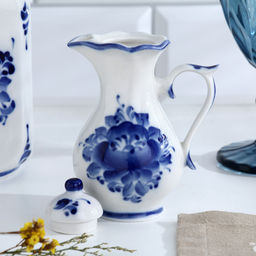 Набор для специй на подставке с молочником (питчером) «Весенний», 4 предмета, фарфор, гжель