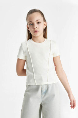 Облегающая футболка в рубчик с короткими рукавами для девочек - Defacto фото 3