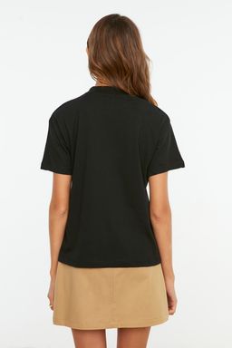 Siyah %100 Pamuk Basic Regular/Normal Kal?p Dik Yaka Orme T-Shirt TWOAW20TS0096