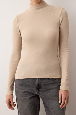 Bej Fitted/Vucuda Oturan Dik Yaka Uzun Kol Fitilli Esnek Orme Bluz TWOAW21BZ0423